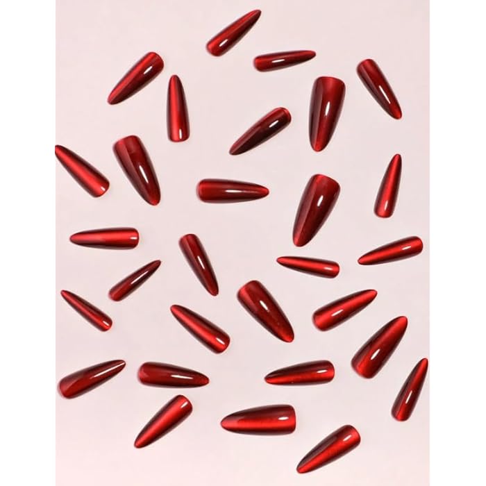 cats PRESS ON gel NAILS-12 pcs Medium Long -easy prsee on- Perfect For Parties, Comes With 1 SHEET DOUBLE FACE GLUE - DARK MIRROR RED COLOR - Image 2